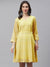 ZOLA  Round Neck Georgette All Over Chikankari Embroidery Yellow Flared Dress For Women