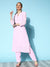 ZOLA Mandarin Collar Georgette All Over Chikankari Embroidery Baby Pink Straight Kurta Set For Women