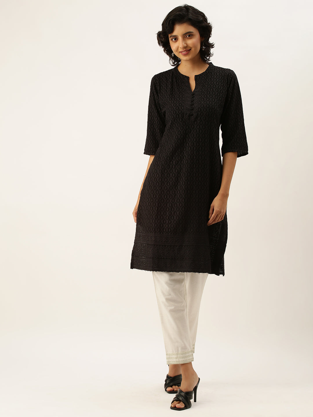 Black Rayon Band Collar Chikankari Embroidery Ethnic Wear Kurta For Women