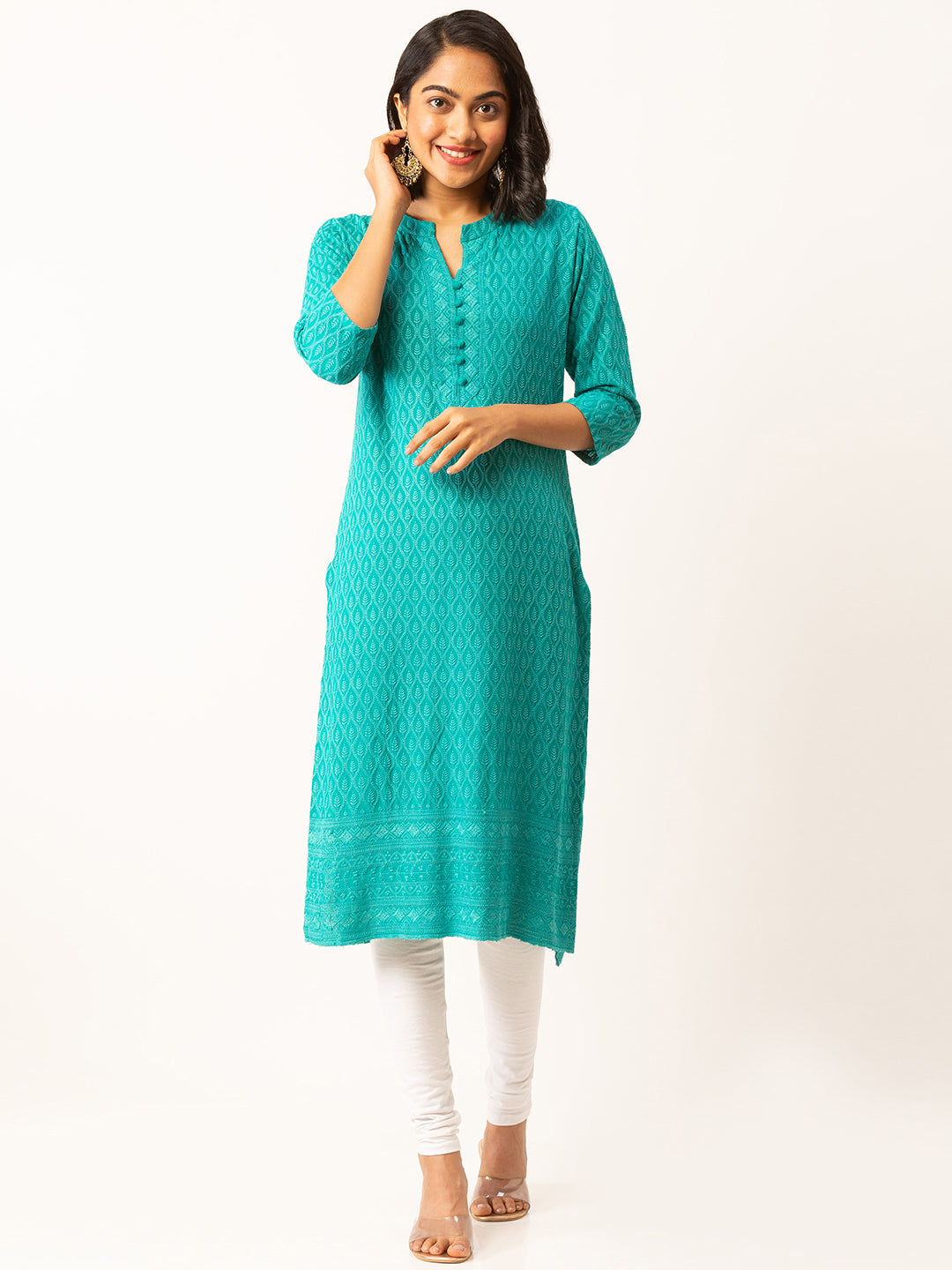 Rama Green Chikankari Embroidery Ethnic Wear Kurta For Women