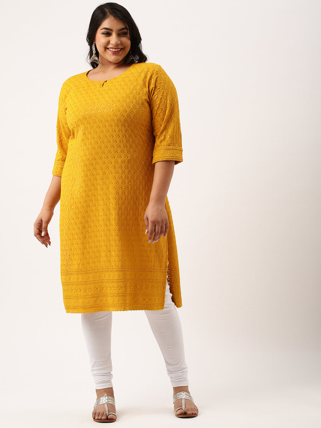 Mustard Rayon Chikankari Embroidery Ethnic Wear Kurta For Women