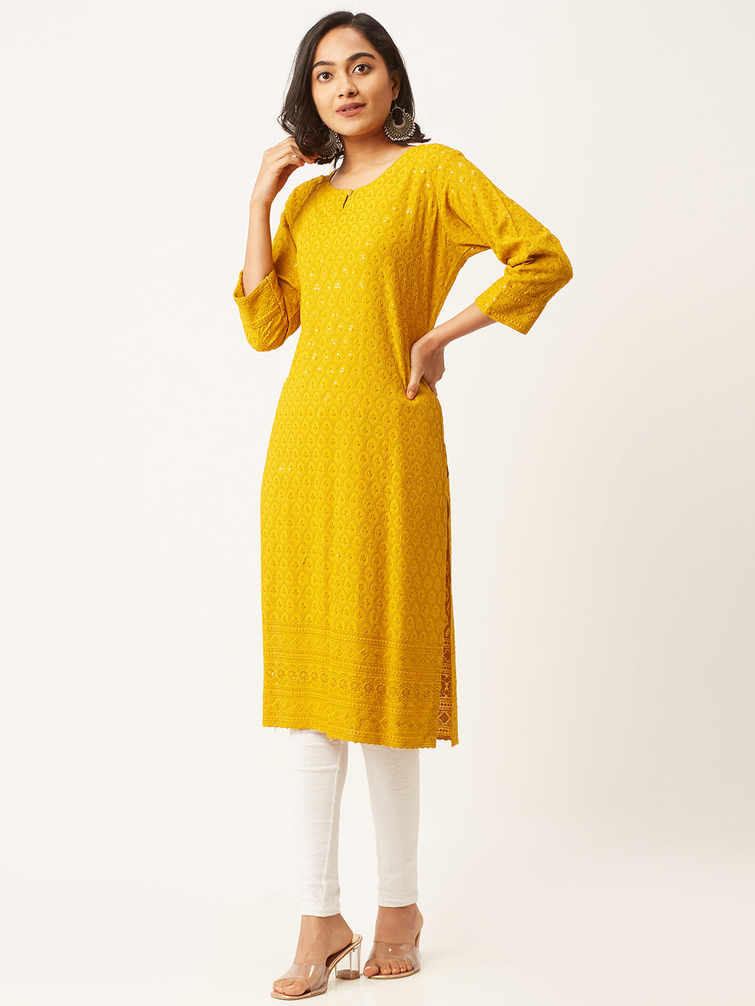 Mustard Rayon Keyhole Neck Chikankari Embroidery Ethnic Wear Kurta For Women