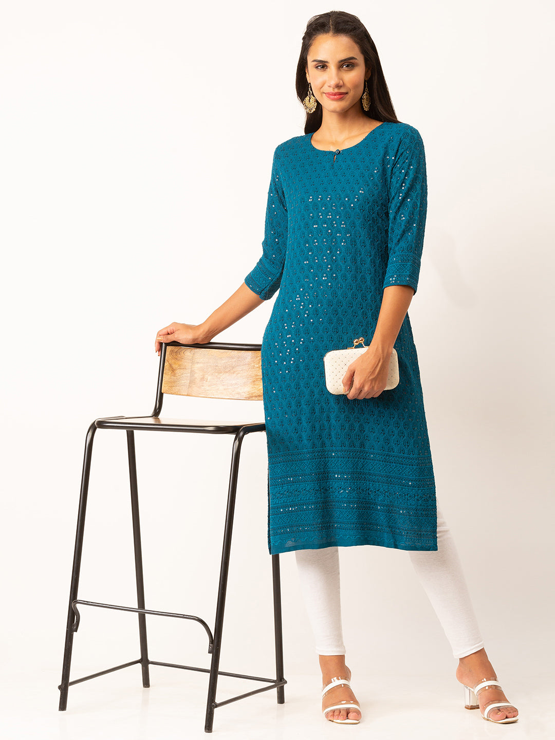 Teal Chikankari Embroidery Ethnic Wear Kurta For Women