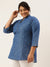 ZOLA Exclusive Mandarin Collar Denim Fabric All Over Ditsy Butti Print Hip Length Stone Blue Straight Tunic For Women