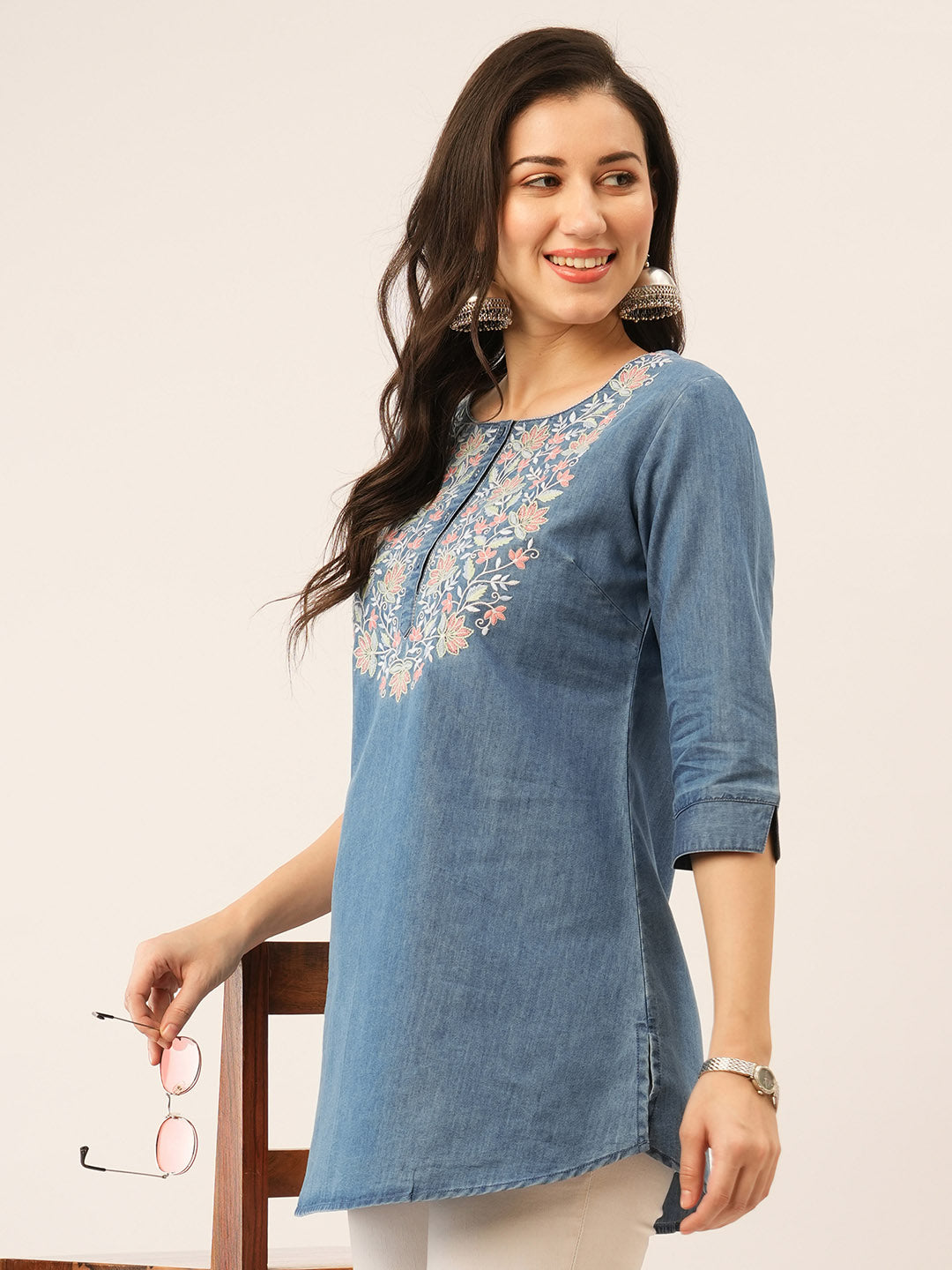 Colorful floral embroidery denim tunics