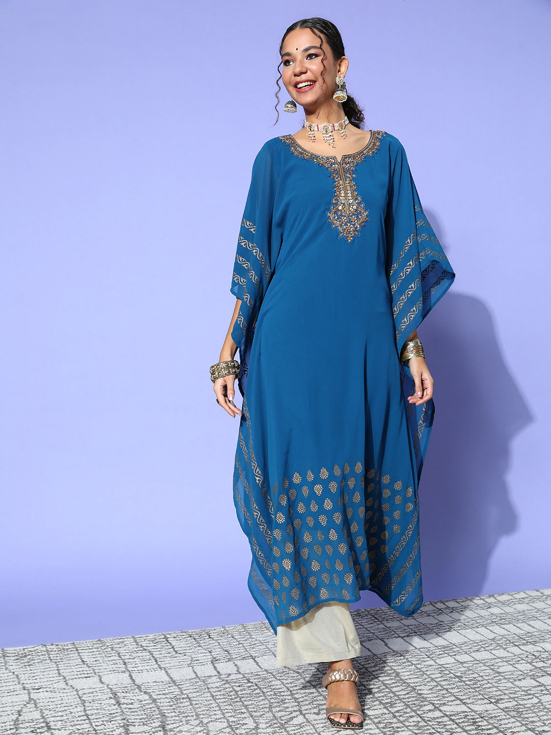 Teal Round Neck Kimono Sleeve hand embroidery Ethnic Wear Kaftan for Women - ZOLA