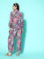 ZOLA Exclusive Square Neck Muslin All over Flora & Fauna Print Purple Straight Co-Ord Set For Women