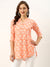 Mandarin Collar Rayon Block Print Hip Length 3/4th sleeve Orange Straight Tunic For Women