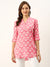 Mandarin Collar Rayon All over Block Print Hip Length 3/4th sleeve Pink Straight Tunic For Women